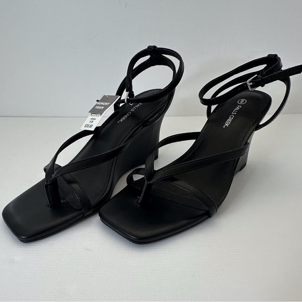 Falls Creek Black Ankle Strap Open Toe Wedge‎ Sandals Women’s 6 New In Box